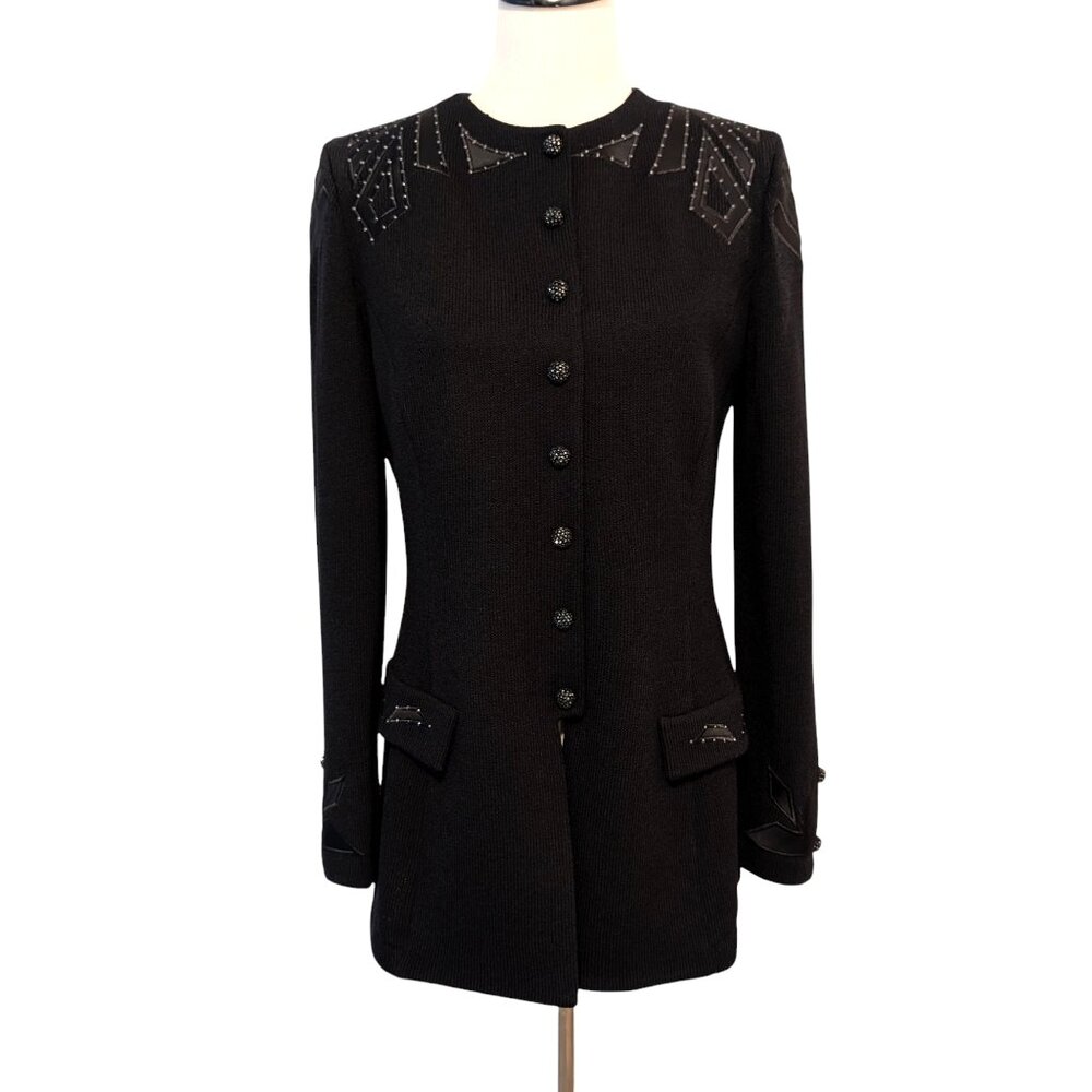 St John Evening Womens Size 10 Black Santana Knit Quilt Crystal Snaps Jacket Top